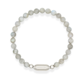 Side angle of labradorite men's bracelet showing iridescent beads and steel clasp